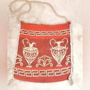 Vintage 70s Greek Key Amphoura Vase Boho Print Coastal Casual Hippie Rare Tote